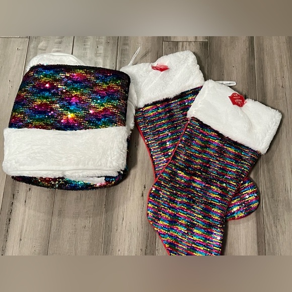 - NEW Holiday Time Christmas tree skirt rainbow sequence with 2 matching s… - Picture 1 of 7